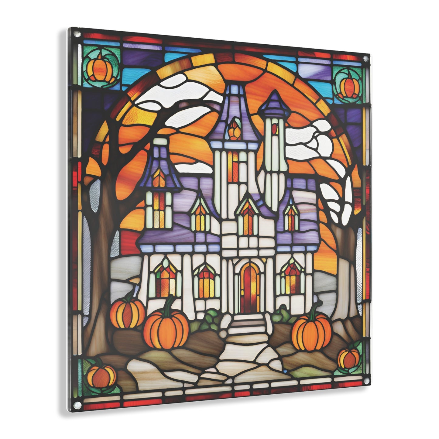 Halloween Haunted House Pumpkin Stained Glass Acrylic Print