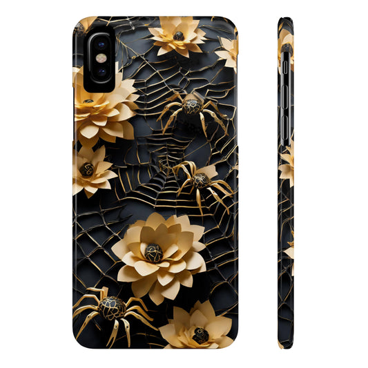 Halloween Black & Gold Spider Slim Phone Cases, Gold Flower Phone Case
