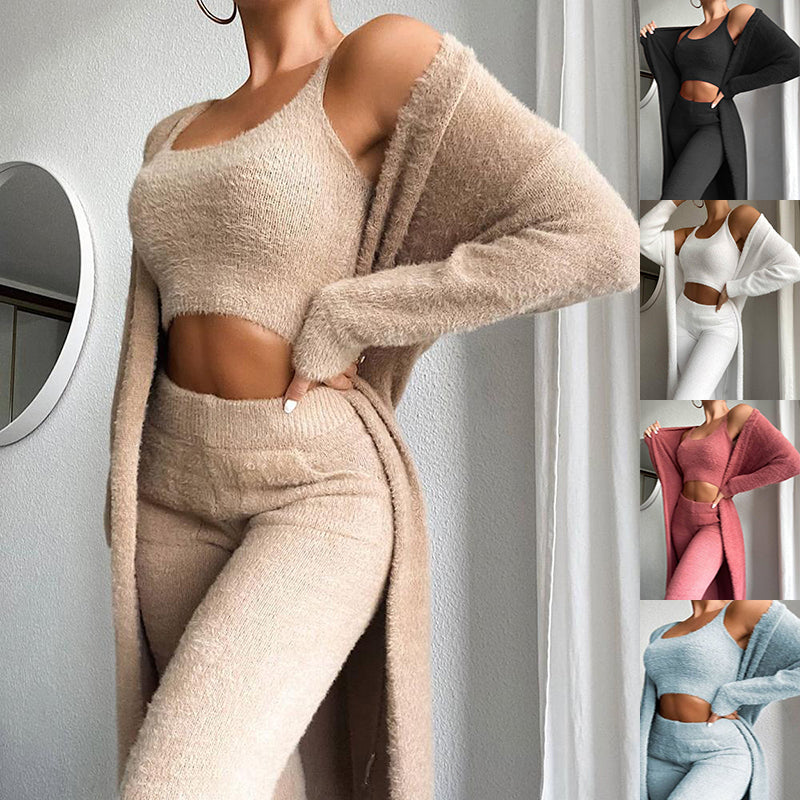 Women Fashion Solid Fluffy Plain Crop Top & Skinny Pants & Longline Coat Set Warm Cozy Suit Sets