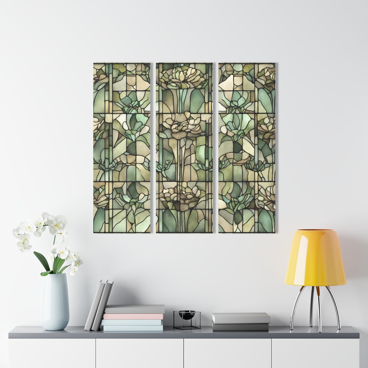 Sage Green Flowered Stained Glass (Faux) Acrylic Prints (Triptych)