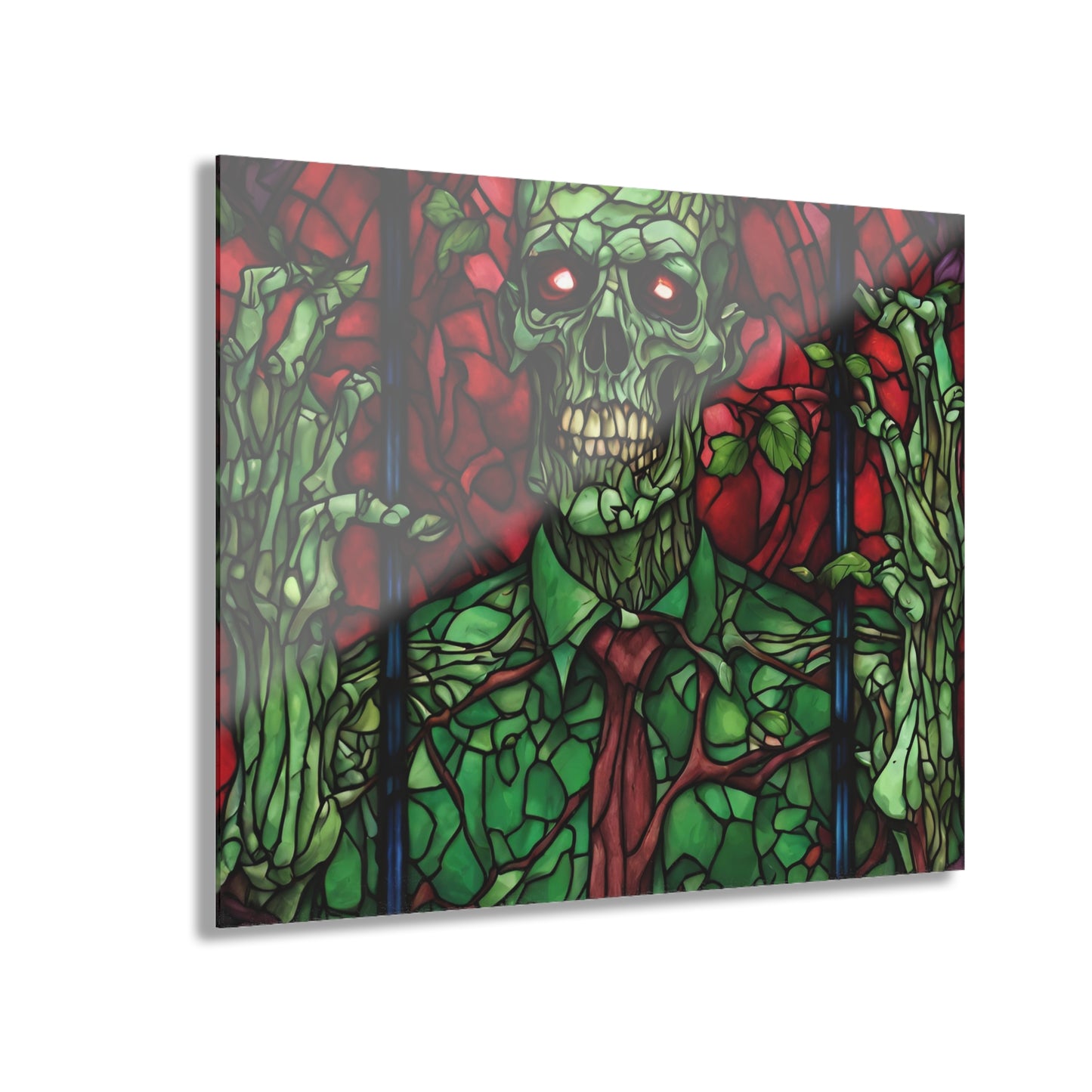 Green Zombie Stained Glass Acrylic Print, Wall Art, Skull and Rose Print