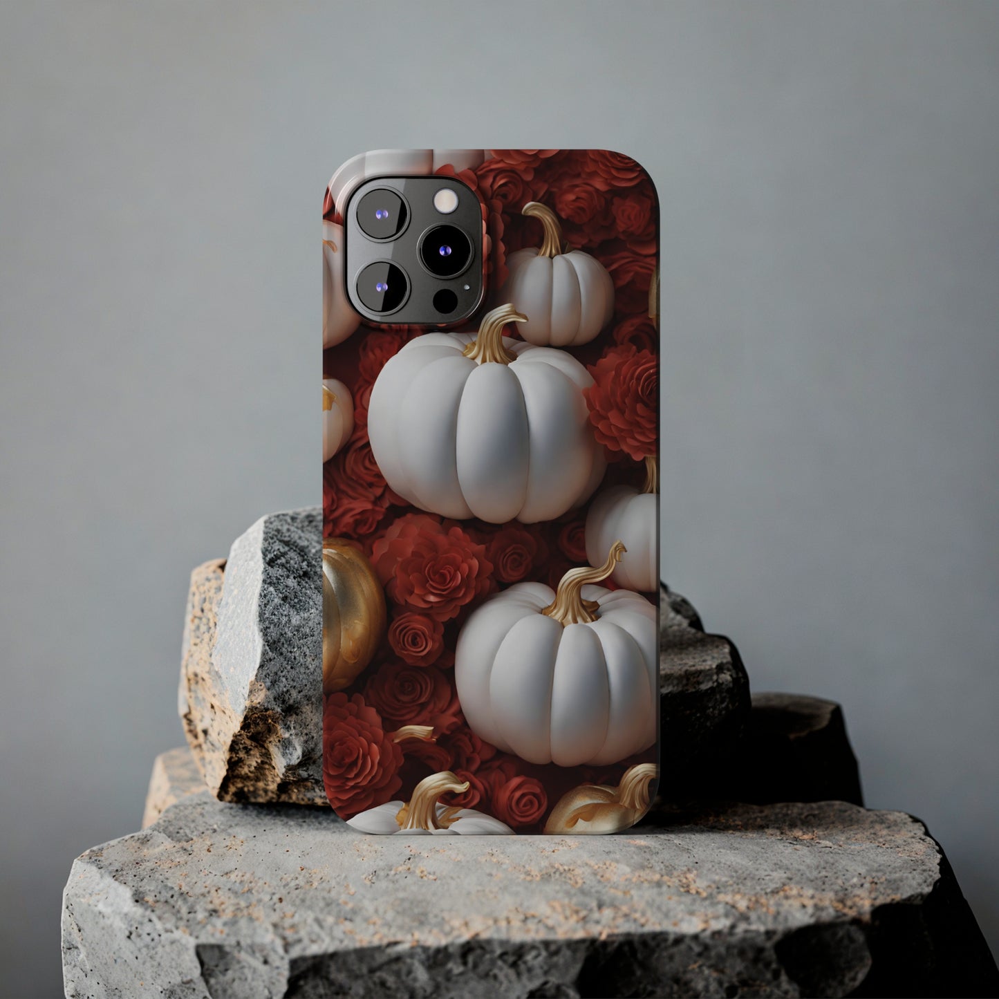 3D White Pumpkins with Marigolds Slim Phone Cases