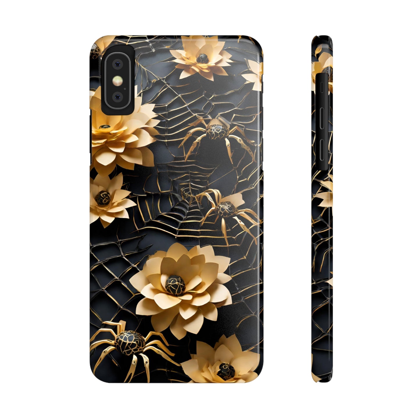Halloween Black & Gold Spider Slim Phone Cases, Gold Flower Phone Case