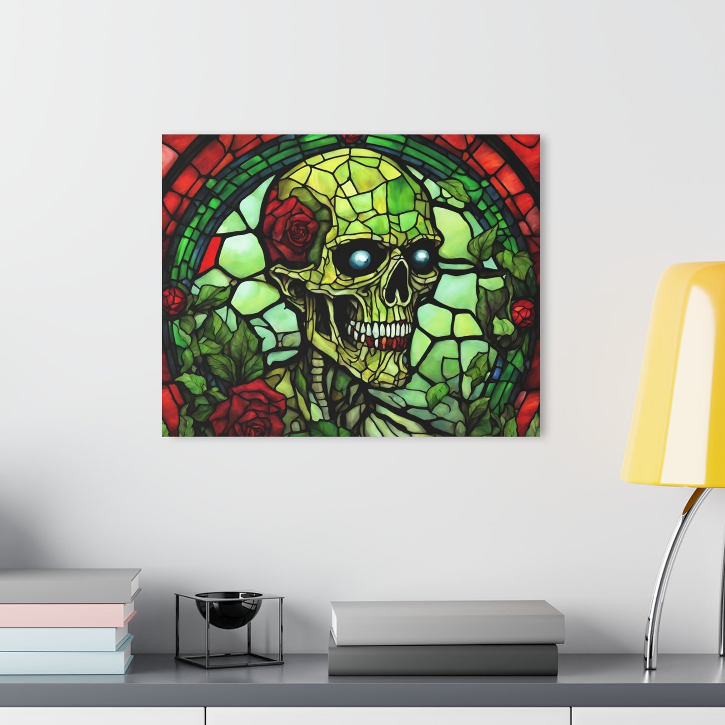 Zombie Skull Roses, Red and Green, Stained Glass Acrylic Print, Wall Art, Glass, Mosaic on Glass