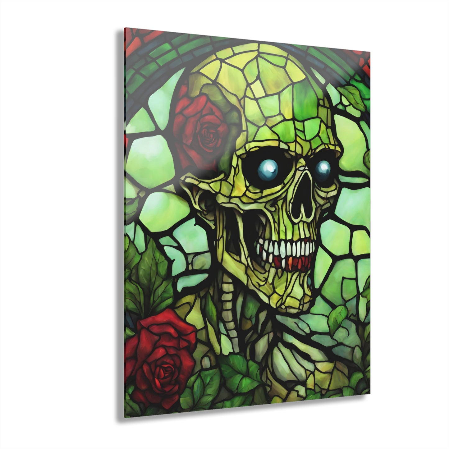 Zombie Skull Roses, Red and Green, Stained Glass Acrylic Print, Wall Art, Glass, Mosaic on Glass