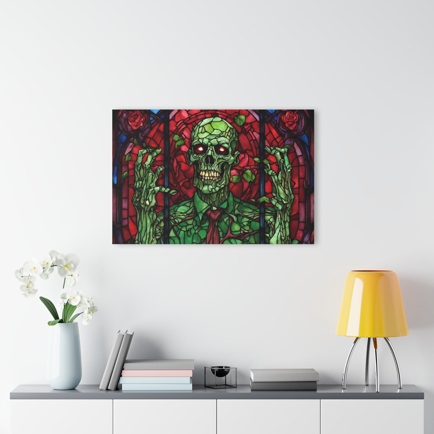 Green Zombie Stained Glass Acrylic Print, Wall Art, Skull and Rose Print