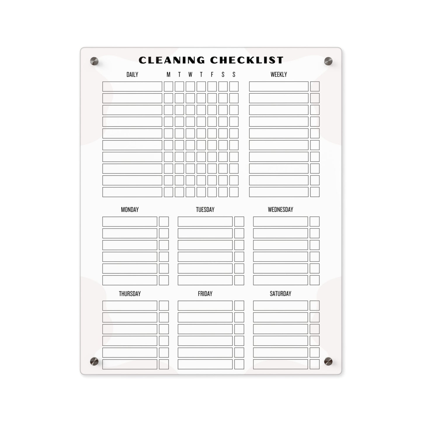 Large Cleaning Schedule Whiteboard, Wall Task Tracker, Dry Erase, Acrylic Whiteboard