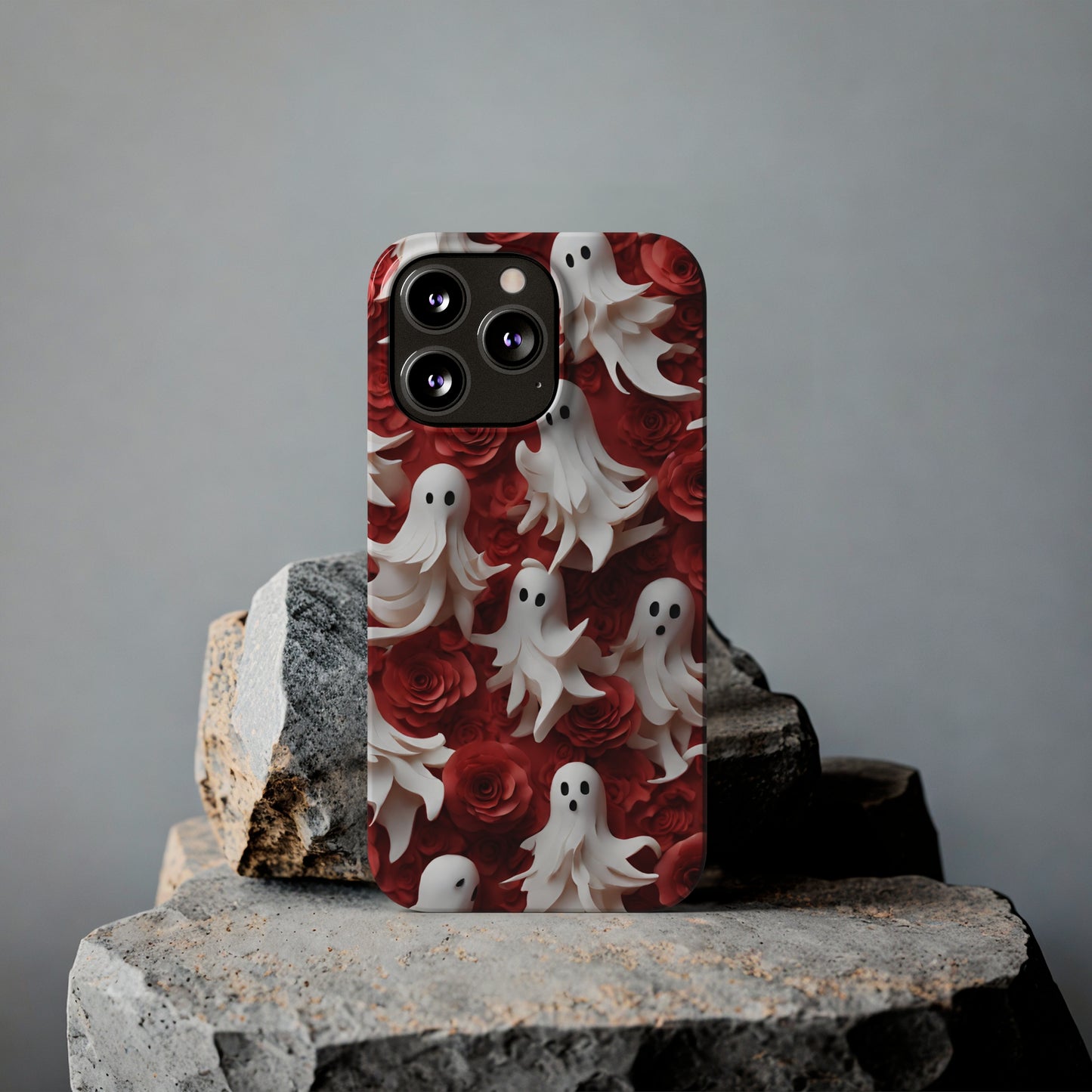 3D Ghosts with Red Flowers Slim Phone Cases