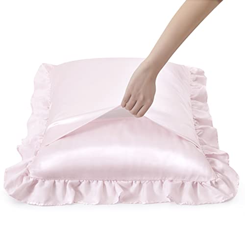 HommxJF Silky Satin Ruffled Pillow Cases for Hair and Skin,Blush Pink Silk Pillowcases , Coquette, Queen Set of 2 with Envelope Closure Princess Room Decoration