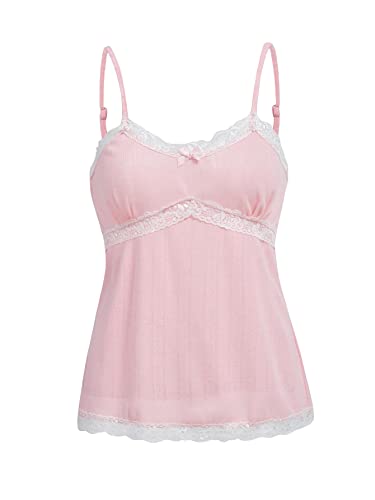 SOLY HUX Women's Lace Trim Spaghetti Strap Cami Tops Casual, Coquette, Summer Camisole Solid Pink L