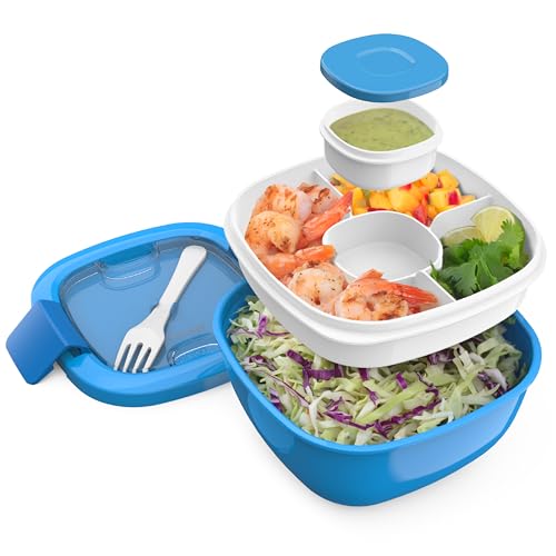 Bentgo® All-in-One Salad Container - Large Salad Bowl, Bento Box Tray, Leak-Proof Sauce Container, Airtight Lid, & Fork for Healthy Adult Lunches; BPA-Free & Dishwasher/Microwave Safe (Blue)