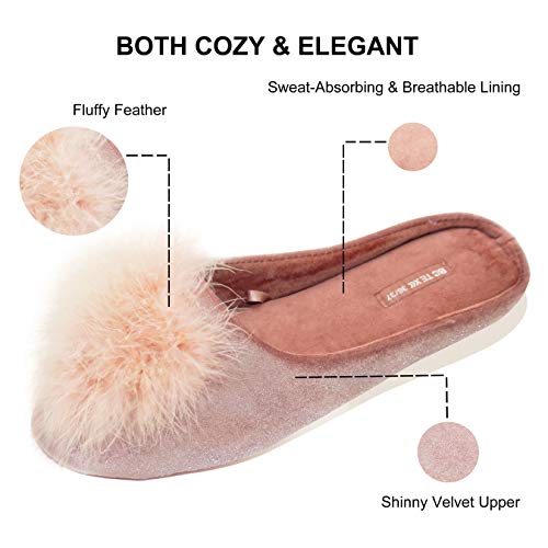 BCTEX COLL Women's Cozy Velvet Memory Foam House Slipper,Ladies Fuzzy Bedroom Slipper Non-slip Sole Pink 9-10 Coquette