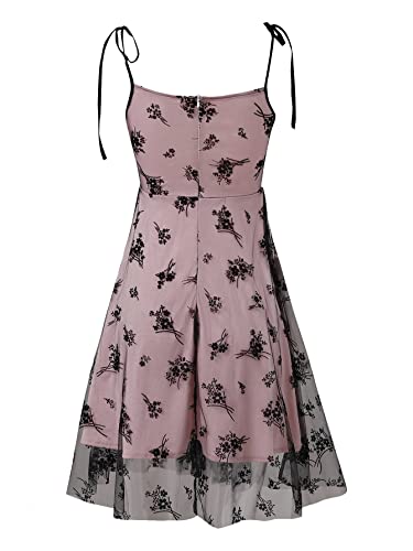 WDIRARA Women's Floral Print, , Coquette Sheer Mesh Tie Shoulder Ruffle Hem Cami Dress Dusty Pink XL