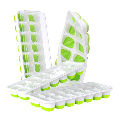 Ice Cube Trays 4 Pack, Easy-Release Silicone & Flexible 14-Ice Cube Trays with Spill-Resistant Removable Lid