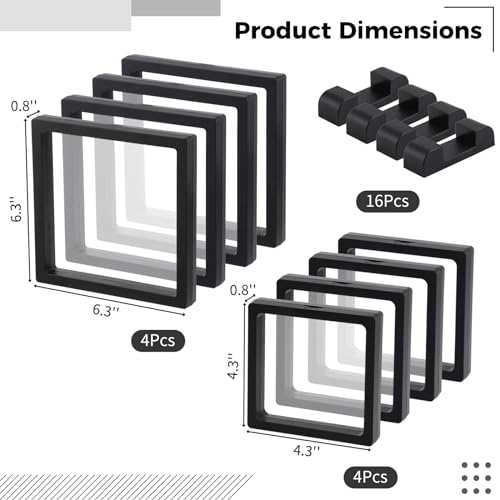 IKITEE Set of 8 3D Floating Frame Display Holder Stands, Transparent PE Film Freeze Suspension Display Case Box for Jewelry Collectibles Challenge Coins (Black-4.3x4.3,6.3x6.3)