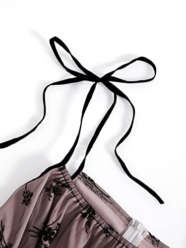 WDIRARA Women's Floral Print, , Coquette Sheer Mesh Tie Shoulder Ruffle Hem Cami Dress Dusty Pink XL