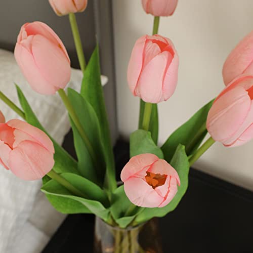 dallisten 10Pcs Pink Artificial Tulips Silk , Coquette, Flowers, Long Stem and Green Leaves, Fake Flowers Decoration for Vase, Wedding, Party, Kitchen, Office, Home, Bedroom, Table Centerpiece Decor