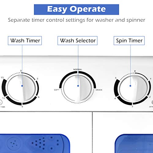 Portable Mini Compact Twin Tub Washing Machine 20lbs Washer Spain Spinner Portable Washing Machine, Blue+ White