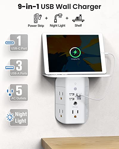 Mifaso Wall Outlet Extender with Shelf and Night Light,Surge Protector, Charger 5 USB Outlets 3 Ports 1 C Wide Space 3-Sided Power Strip Multi Plug Outlets…