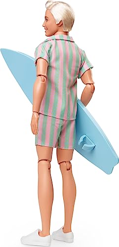 Barbie The Movie Ken Doll Wearing Pastel Pink and Green Striped Beach Matching Set with Surfboard and White Sneakers