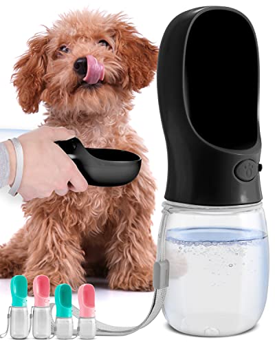 Dog Water Bottle, Leak Proof Portable Puppy Water Dispenser with Drinking Feeder for Pets Outdoor Walking, Hiking, Travel (12OZ, Black)