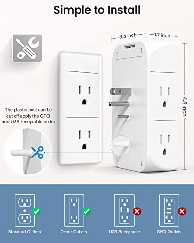 Mifaso Wall Outlet Extender with Shelf and Night Light,Surge Protector, Charger 5 USB Outlets 3 Ports 1 C Wide Space 3-Sided Power Strip Multi Plug Outlets…
