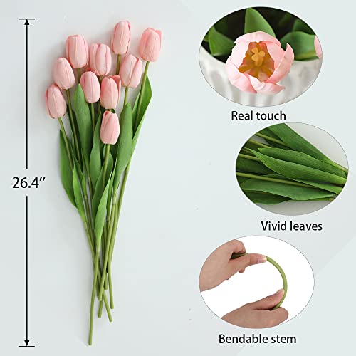 dallisten 10Pcs Pink Artificial Tulips Silk , Coquette, Flowers, Long Stem and Green Leaves, Fake Flowers Decoration for Vase, Wedding, Party, Kitchen, Office, Home, Bedroom, Table Centerpiece Decor