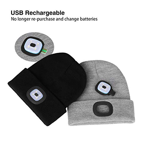PRAVETTE Unisex Beanie Hat with The Light Gifts for Women Men Dad Father USB Rechargeable Hand-Free 4 LED Headlamp Cap A-Black