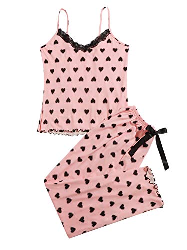Verdusa Women's Lace Trim Heart Print Cami Top and Pant Loungewear Pajama Set Pink XL