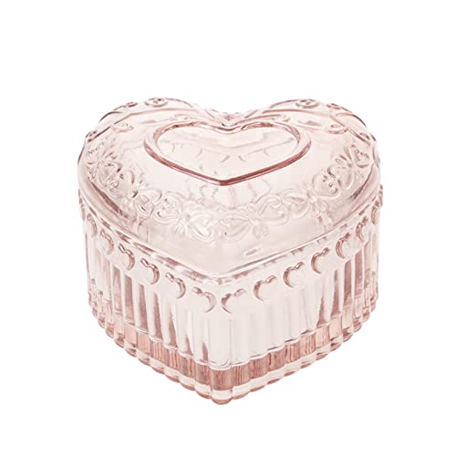 WHSLILR Glass Jewelry Box Heart Shape , Coquette, Cute Box for Storage Ring Earring Trinket Vintage Jewelry Organizer Decorative Gift for Women Girls-GRB003-Pink