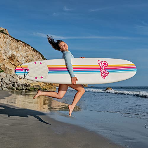 Barbie™ Signature 8ft Surfboard by Wavestorm | Graphic top Deck with high Density Slick Bottom | for Kids and Adults |Foam Construction with Accessories | Leg Leash and Fin Set Included,White