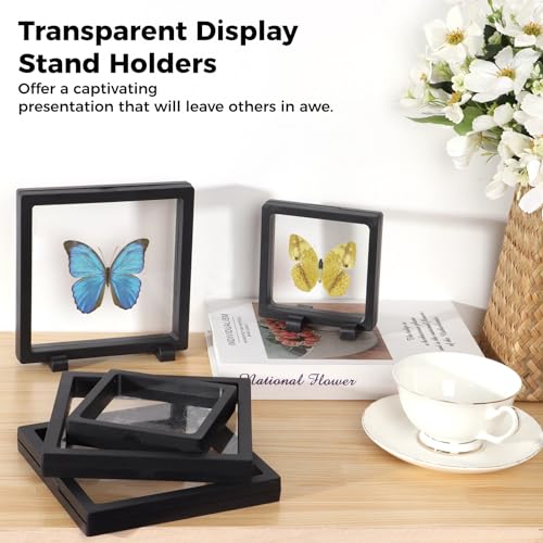 IKITEE Set of 8 3D Floating Frame Display Holder Stands, Transparent PE Film Freeze Suspension Display Case Box for Jewelry Collectibles Challenge Coins (Black-4.3x4.3,6.3x6.3)