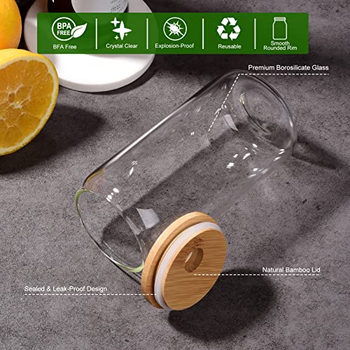 Naeety Glass Cups with Bamboo Lids and Glass Straw, Drinking Glasses Set of 4-16 Oz Beer Can Shaped Glass Cups, Iced Coffee Glasses, Tumbler Cup for Smoothie, Cocktail, Whiskey - 3 Cleaning Brushes