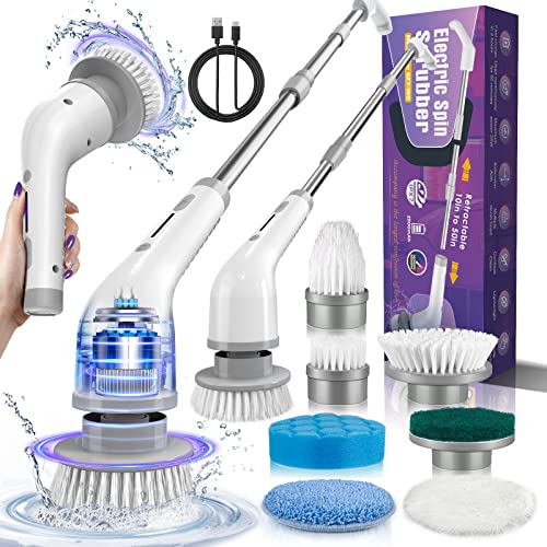 Electric Spin Scrubber, 2023 New Cordless Shower Spin Scrubber with 7 Replacement Heads, Adjustable Extension Arm, 2 Speed Bathroom Scrubber, Power Shower Cleaning Brush for Bathtub Grout Tile Floor