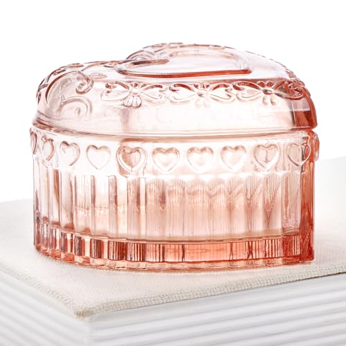 Goaste 3 Pack Embossed Jewelry Box, Crystal Glass Heart-Shaped Storage Box, See-Through Candy Box with Lid, Small Covered Trinket Storage Organizer Box for Valentine's Day, Gifts, Wedding, Pink