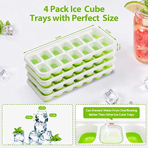 Ice Cube Trays 4 Pack, Easy-Release Silicone & Flexible 14-Ice Cube Trays with Spill-Resistant Removable Lid