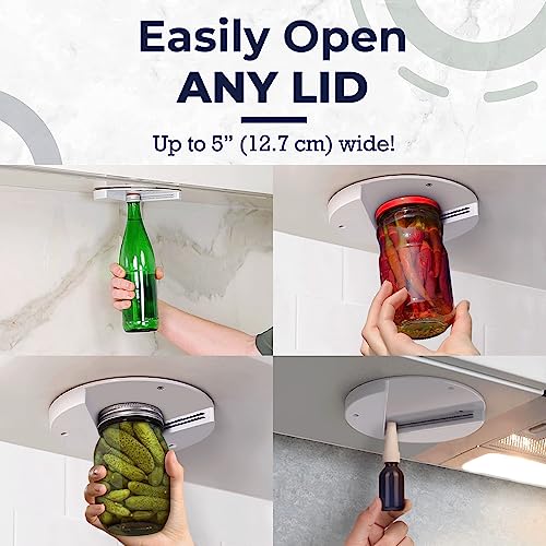 EZ Off Jar Opener for Seniors - Under Cabinet Jar Openers for Weak Hands, Easy Grip, One Handed Gadgets & Bottle Opener - Essential Kitchen Gadgets for Home Assistance - White