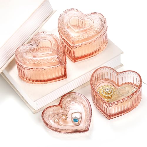Goaste 3 Pack Embossed Jewelry Box, Crystal Glass Heart-Shaped Storage Box, See-Through Candy Box with Lid, Small Covered Trinket Storage Organizer Box for Valentine's Day, Gifts, Wedding, Pink