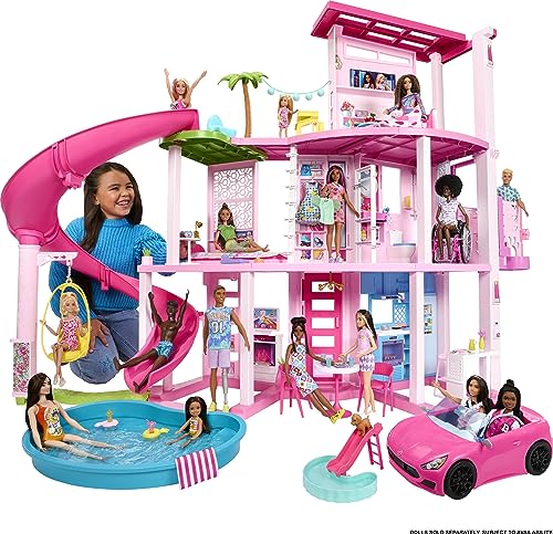Barbie Dreamhouse 2023, Pool Party Doll House with 75+ Pieces and 3-Story Slide, Barbie House Playset, Pet Elevator and Puppy Play Areas