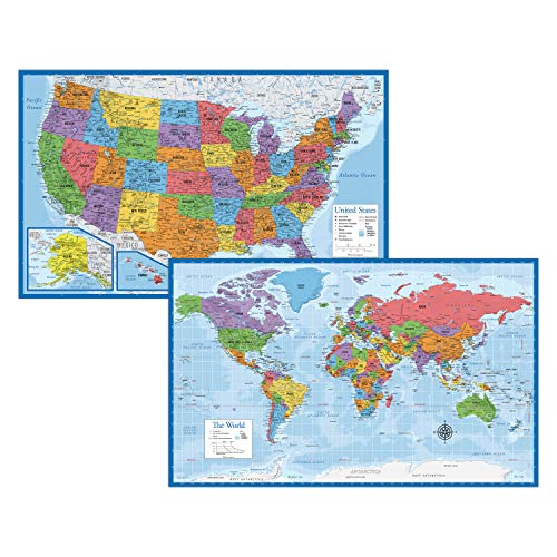 Laminated World Map & US Map Poster Set - 18" x 29" -Made in the USA (LAMINATED)