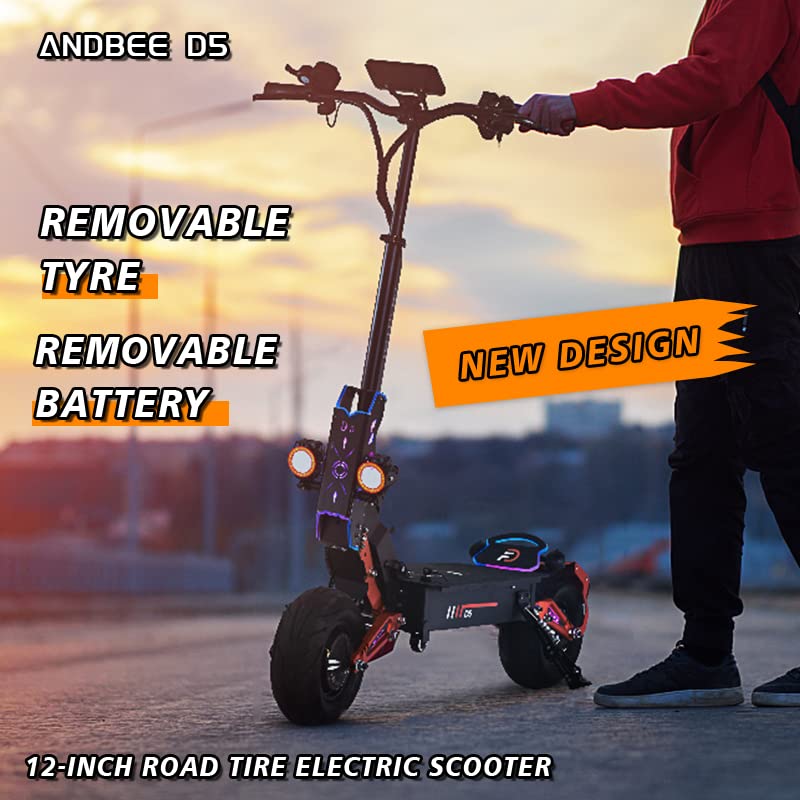 ANDBEE Electric Scooter Adult, 12-inch Road Tires with Seat Sports Scooter, 5000W Dual Motor High Power Dual Drive 50MPH, 48V35AH Range 75Miles Removable with Password Lock Battery Electric Scooter