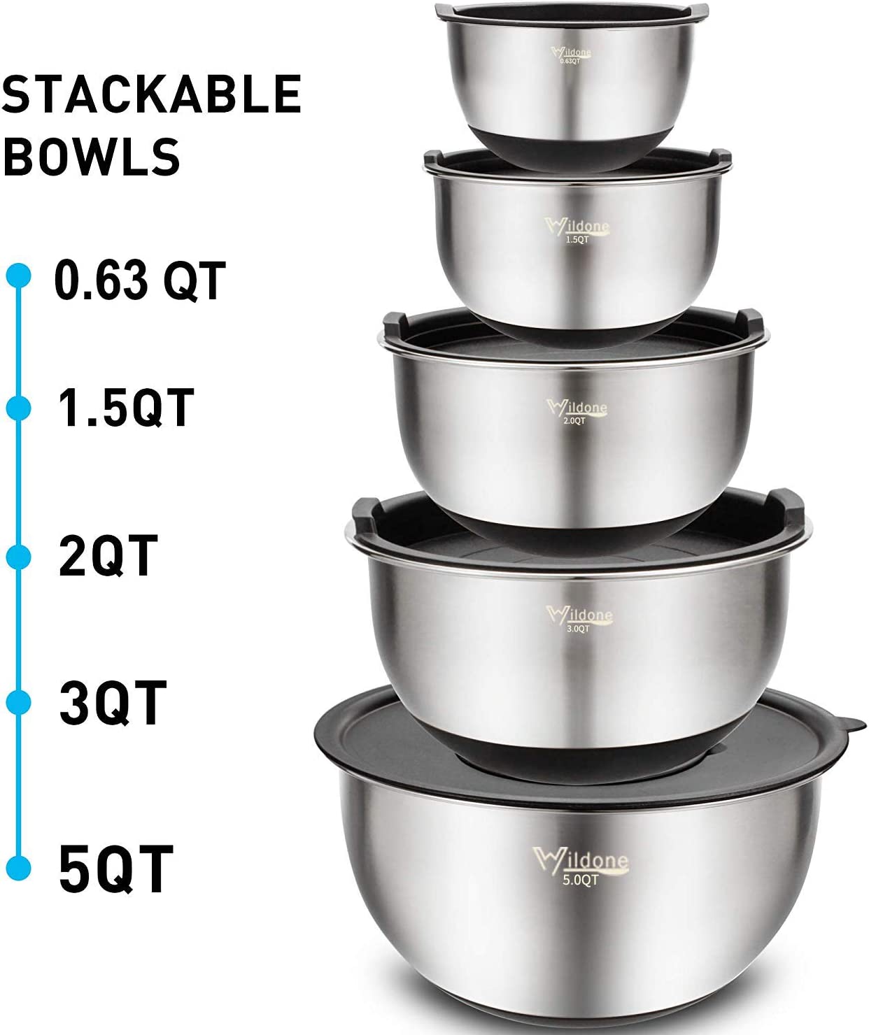 Stainless Steel Nesting Bowls with Airtight Lids & Measurement Marks