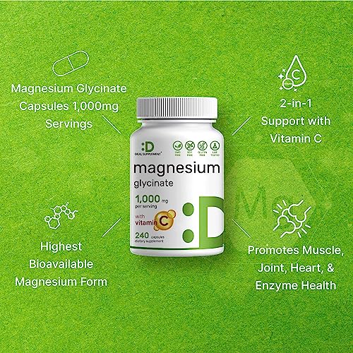Magnesium Glycinate 750mg Plus Vitamin C, 200 Capsules, 100% Chelated, Supports Leg Cramps, Bone Health & Restful Sleep - Premium Magnesium Supplement