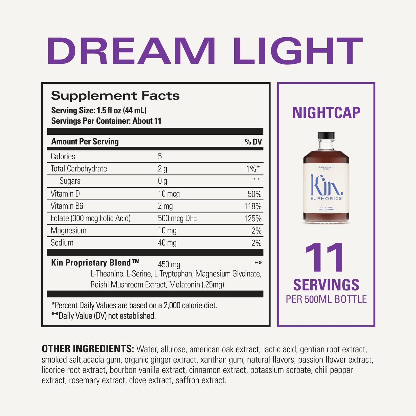 Dream Light by Kin Euphorics, Non Alcoholic Spirits, Nootropic, Botanic, Adaptogen Drink, Earthy Oak, Smoky Clove and Spicy Cinnamon, Soothe The Spirit and Quiet The Mind, 16.9 Fl Oz