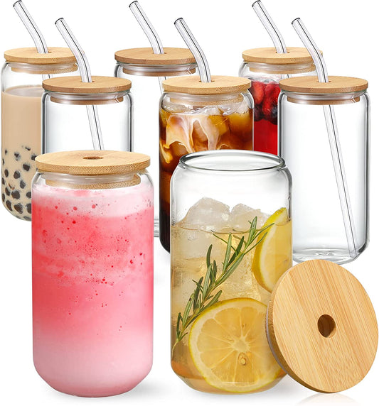 Drinking Glasses with Bamboo Lids and Glass Straw - 16oz
