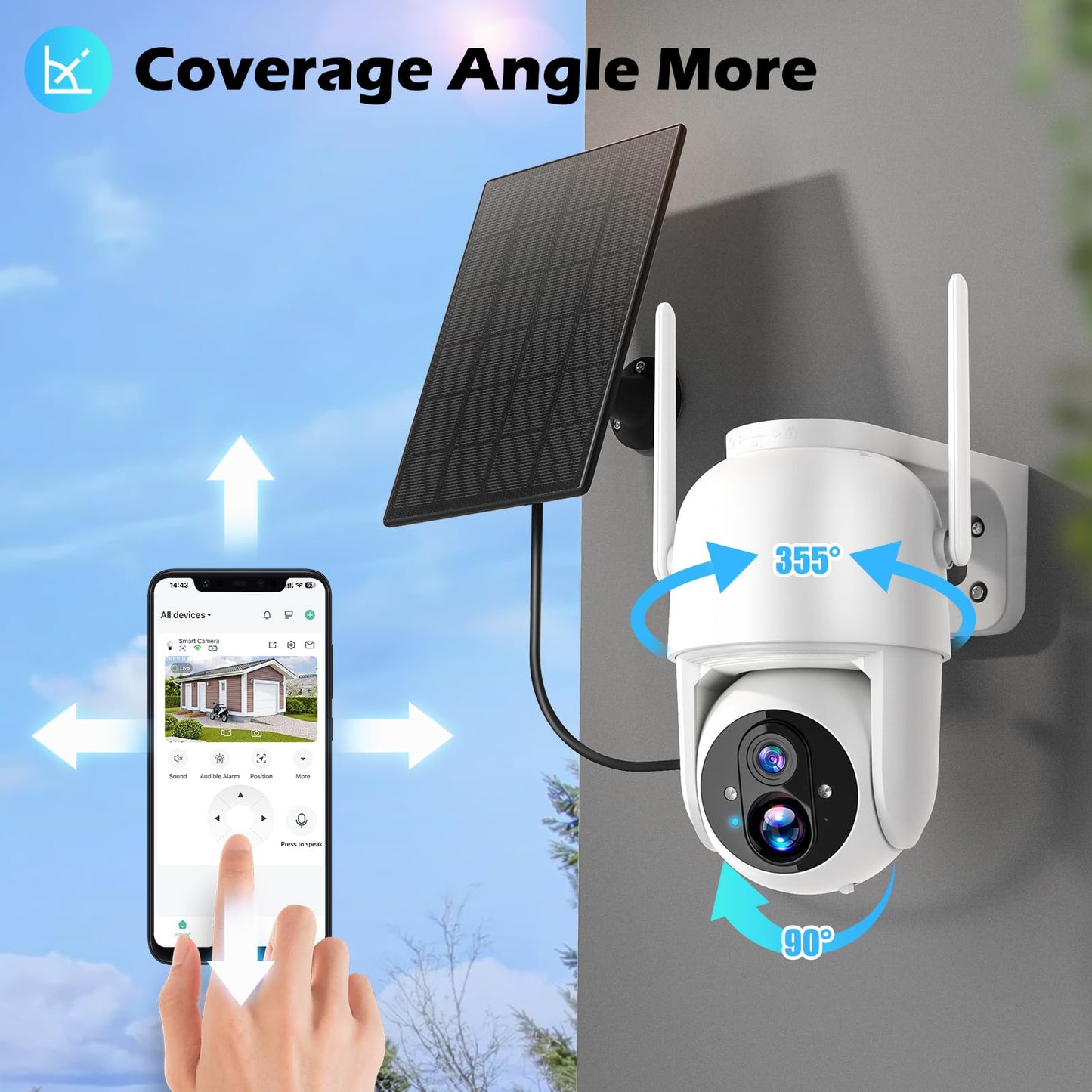 Allweviee Solar Security Cameras Wireless Outdoor, 2K 3MP Pan Tilt 355° View IP65 Waterproof Rechargeable Battery Powered PTZ WiFi Camera with PIR, Color Night Vision,2-Way Talk,Cloud/SD