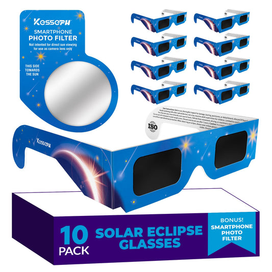 Solar Eclipse Glasses Approved 2024, (10 Pack) CE and ISO Certified Solar Eclipse Observation Glasses, Safe Shades for Direct Sun Viewing, Bonus Smartphone Photo Filter Lens, Blue Stars Design