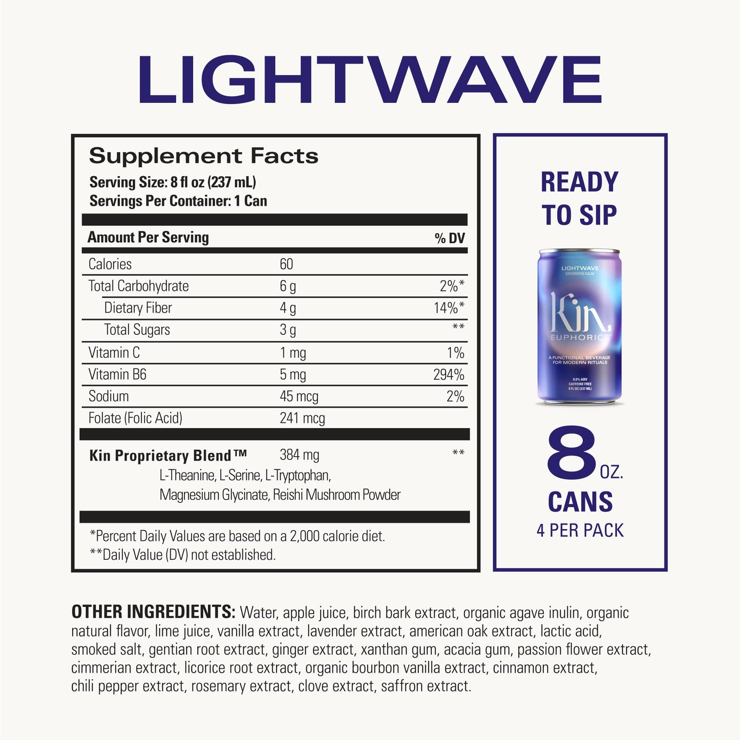 Lightwave by Kin Euphorics, Non Alcoholic Spirits, Ready to Drink, Nootropic, Botanic, Adaptogen Drink, Lavender-Vanilla, Ginger, and Birch, Calm the Mind and Mellow the Mood, 8 Fl Oz (4pk)