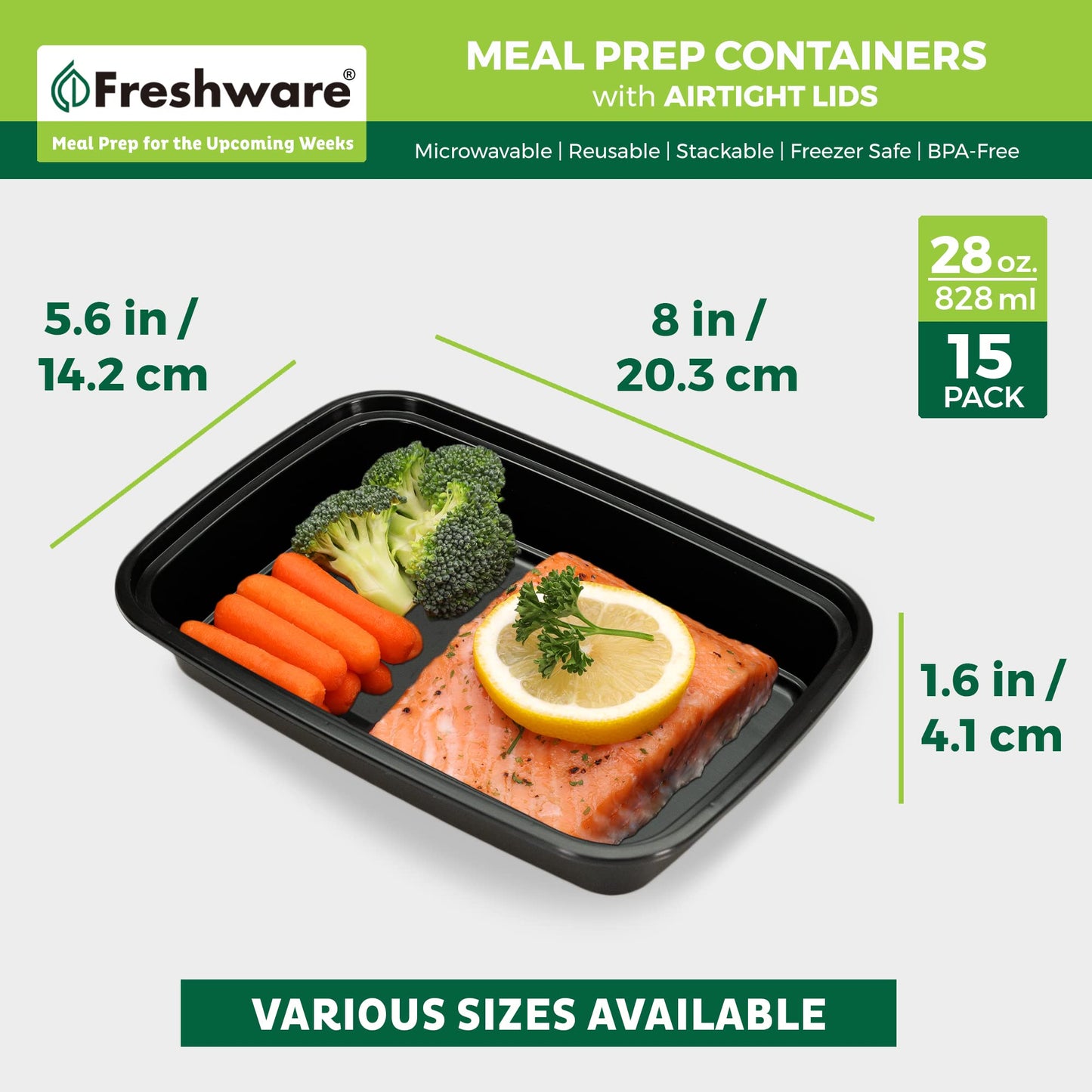 Freshware Meal Prep Containers [15 Pack] 1 Compartment Food Storage Containers with Lids, Bento Box, BPA Free, Stackable, Microwave/Dishwasher/Freezer Safe (28 oz)