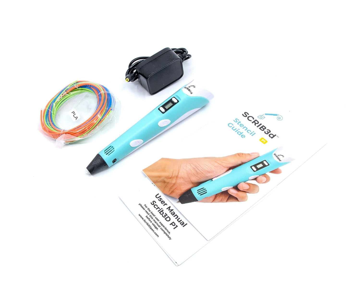 SCRIB3D P1 3D Printing Pen with Display - Includes 3D Pen, 3 Starter Colors of PLA Filament, Stencil Book + Project Guide, and Charger